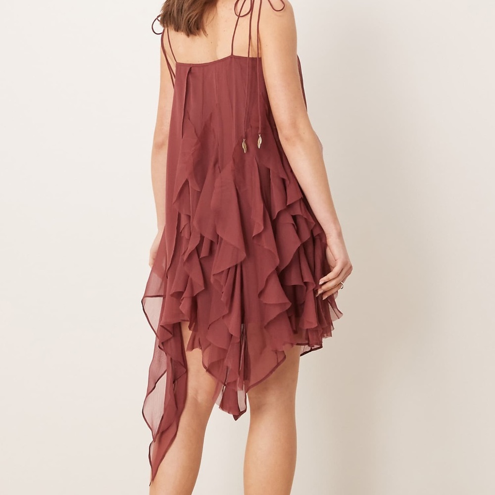 ASOS tie strap ruffle mini dress chocolate brown NWT size 10 - Picture 3 of 7